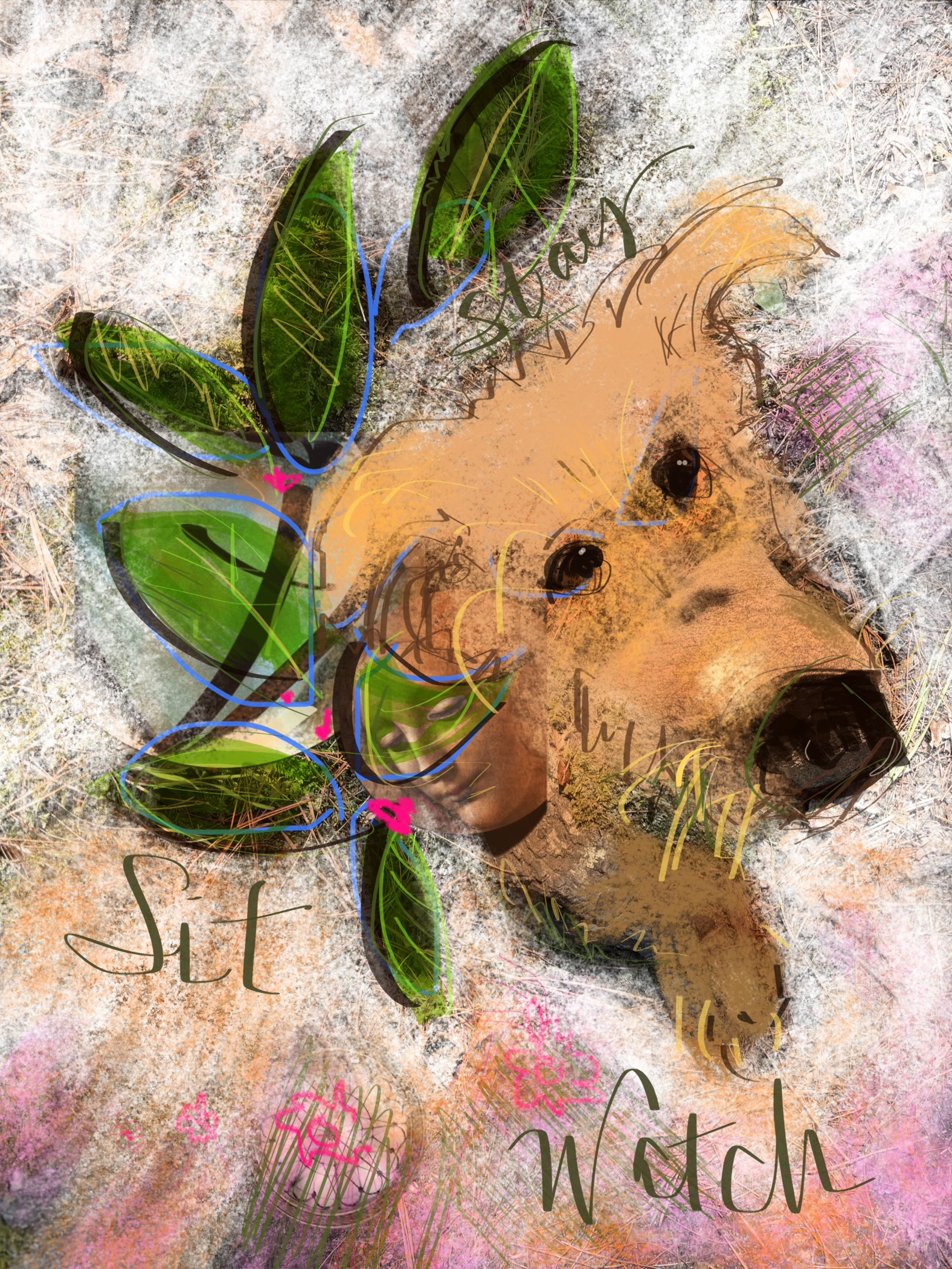 drawing of dog and leaves with collage elements