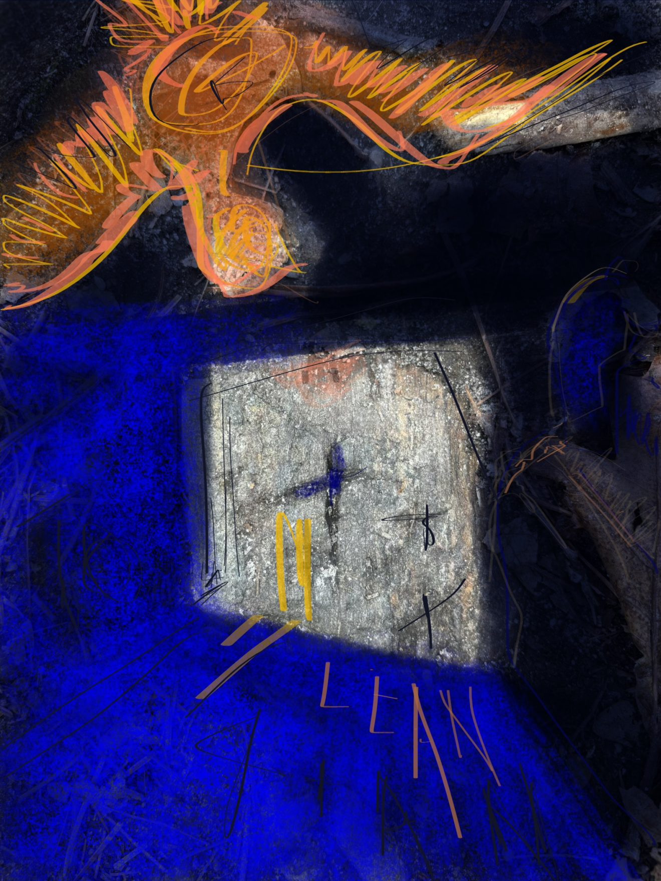 Original art by Elizabeth M Matteson Abstrack bird flying toward shape with blue and black