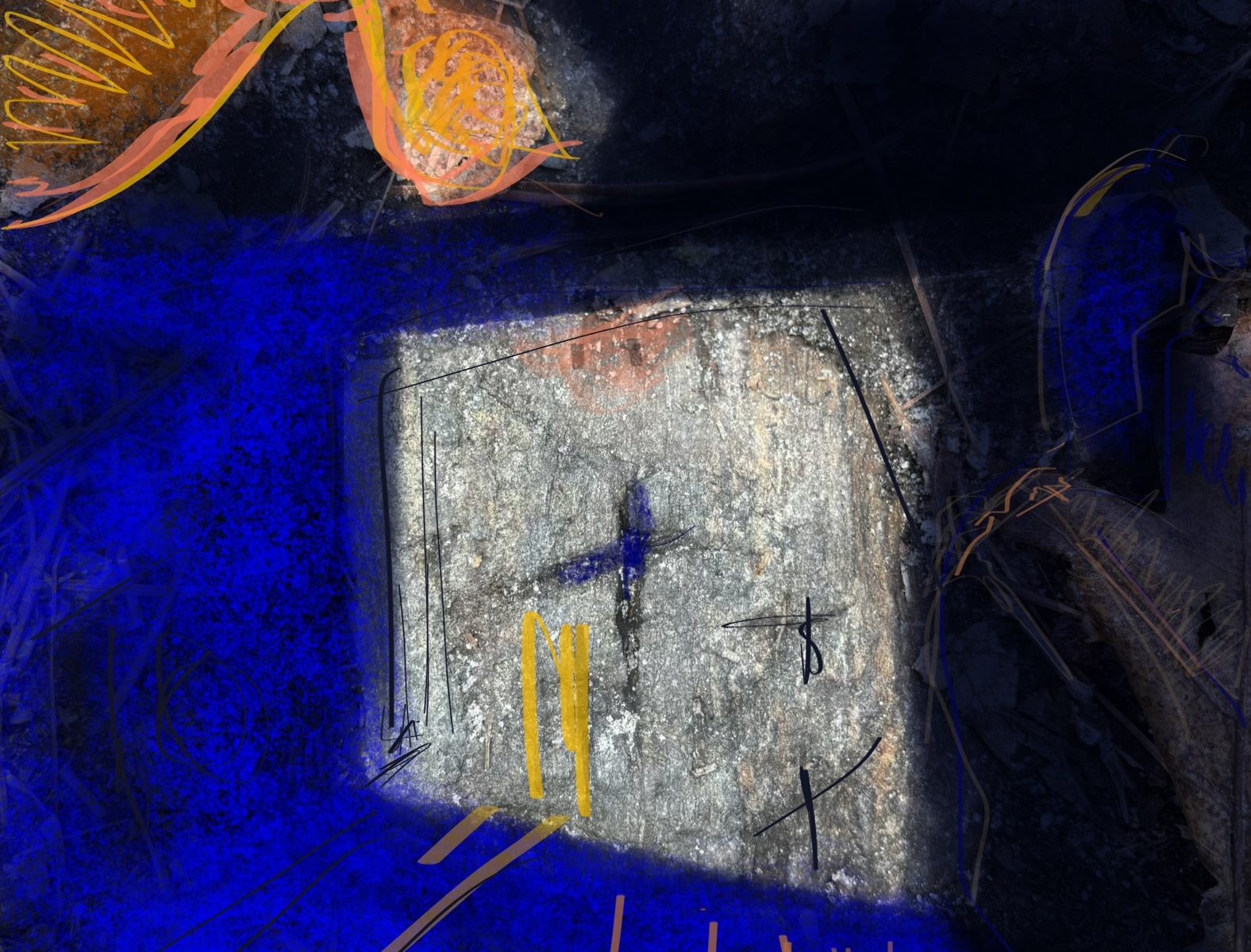 Original art by Elizabeth M Matteson Abstrack bird flying toward shape with blue and black