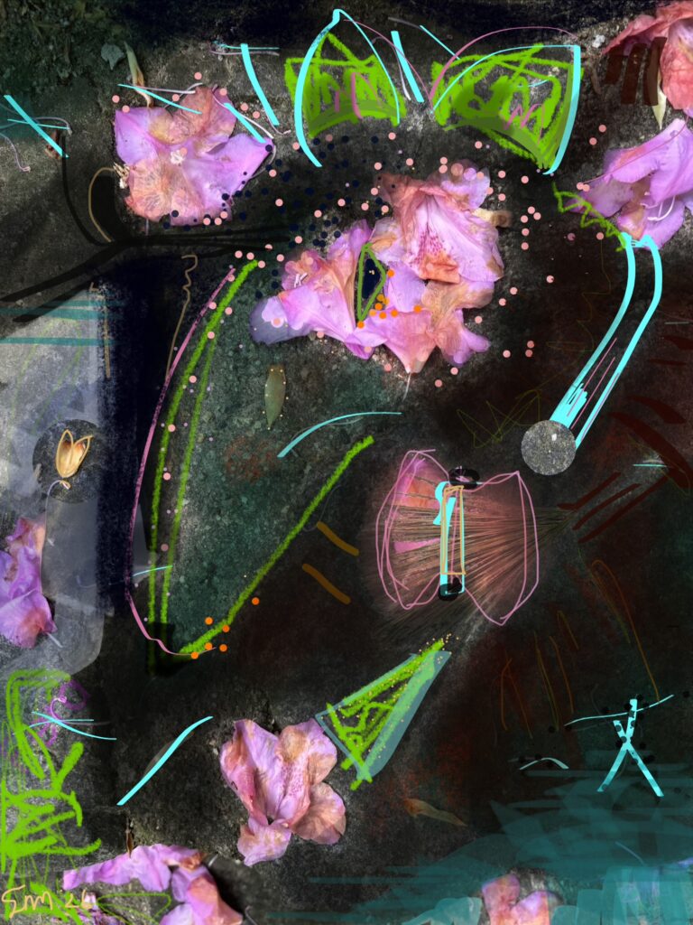 Horse Blossoms Abstract art of horse-like head on pavement with pink blossoms by E M Matteson