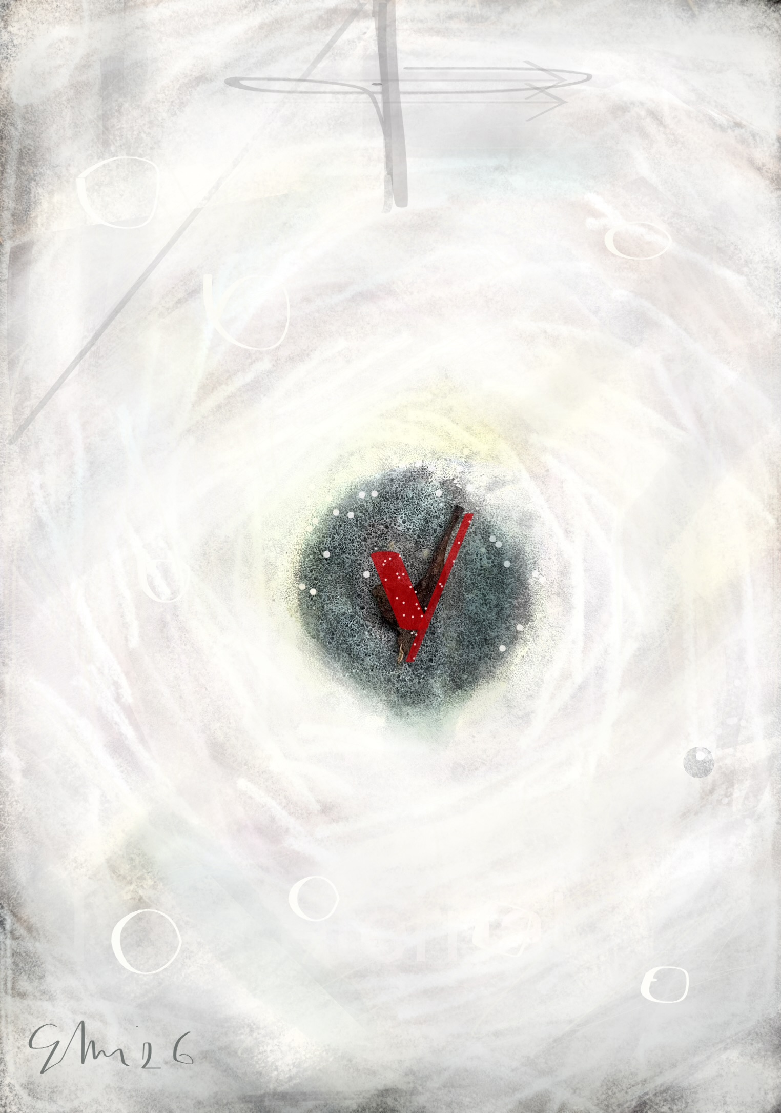 abstract art of white field with grey center with red checkmark