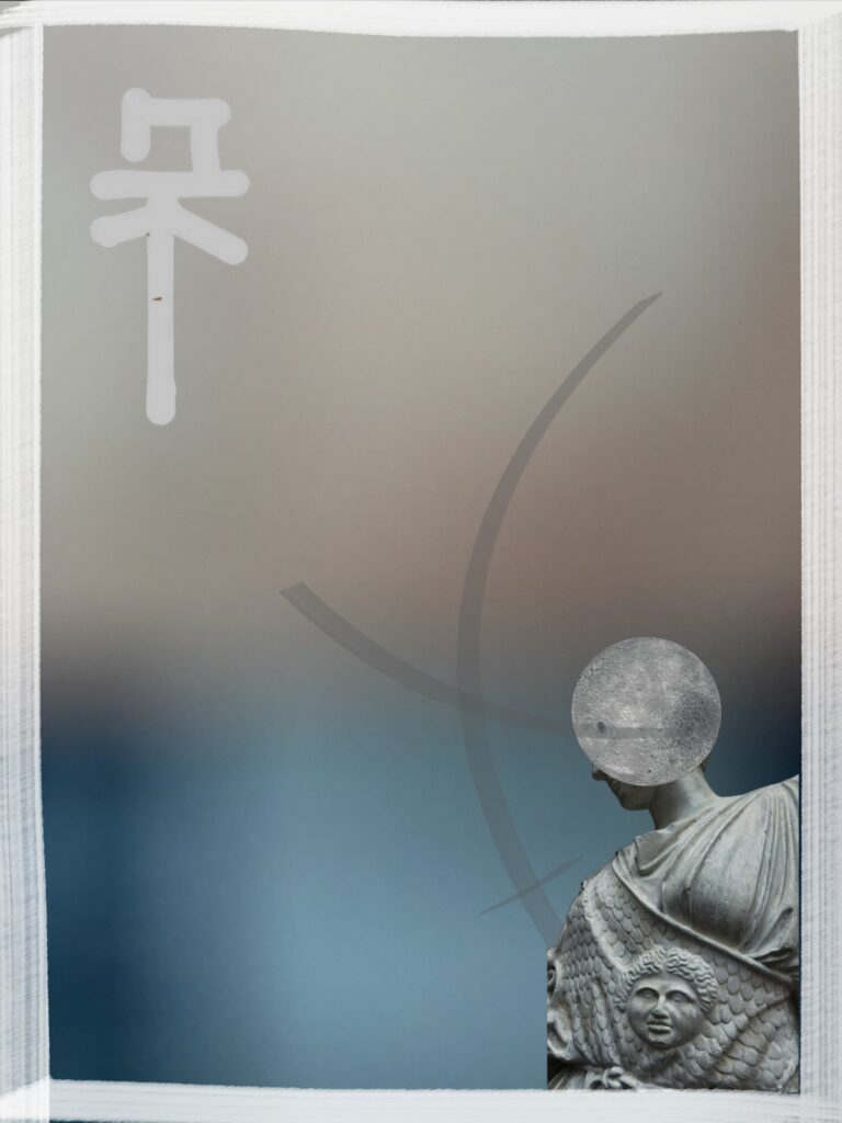 abstract art of greek figure with moon head and symbol