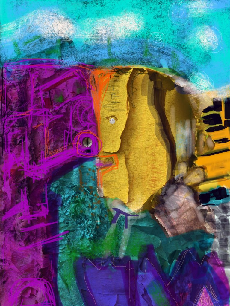“Fielding Pi” by Elizabeth Mullen Matteson. Digital Symbol Work comprised of digital markup fingerpainting on original photo.