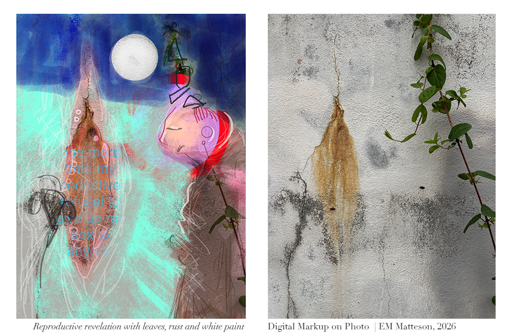 "Reproductive revelation with leaves, rust and white paint" Digital Markup Art on photo